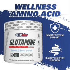 EHP Labs L-Glutamine powder mixed in water demonstrates easy hydration support.