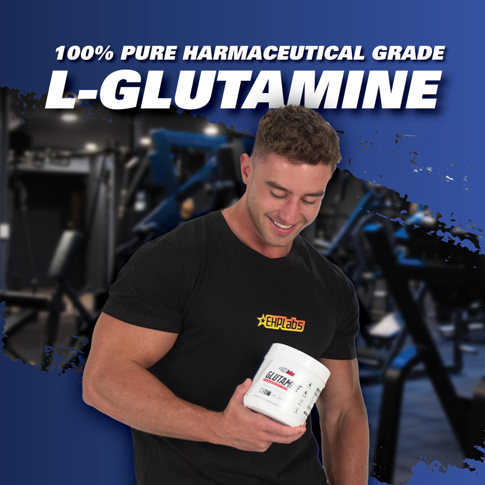 EHP Labs L-Glutamine powder infographic-style shot communicates quality and USA GMP standards.