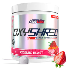 EHP Labs OxyShred Cosmic Blast tub with scoop ready for energy.