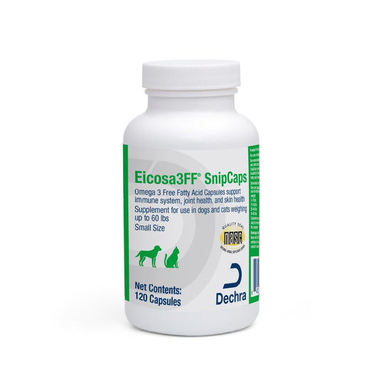 Eicosa3FF SnipCaps bottle with omega-3 capsules supports healthy skin for dogs and cats.