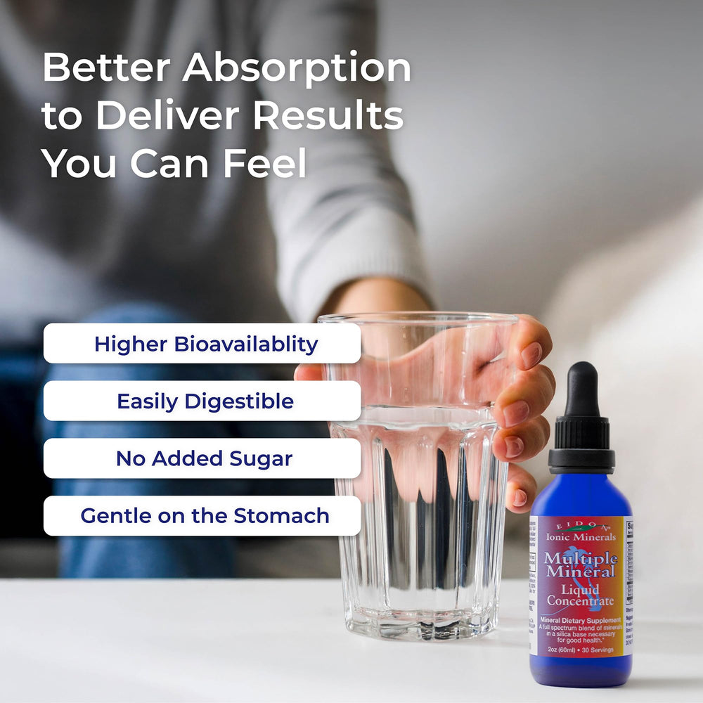Glass of water with Eidon minerals illustrating easy, sugar-free mineral supplementation.