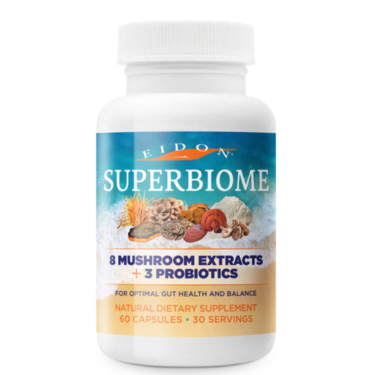Eidon SuperBiome bottle cap close, convenient daily mushroom blend supporting gut balance.