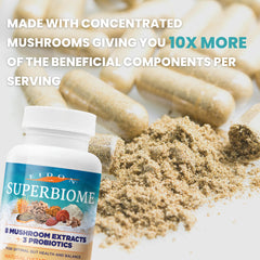 Eidon SuperBiome capsules pile, rich mushroom complex with probiotics for robust gut support.