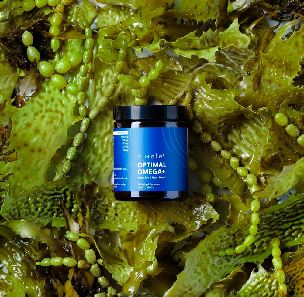 eimele Optimal Omega+ packaging emphasizes vegan, non-GMO formulation