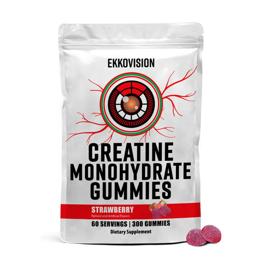 Ekkovision Creatine Gummies packaging showing convenient pre-workout option for busy days.