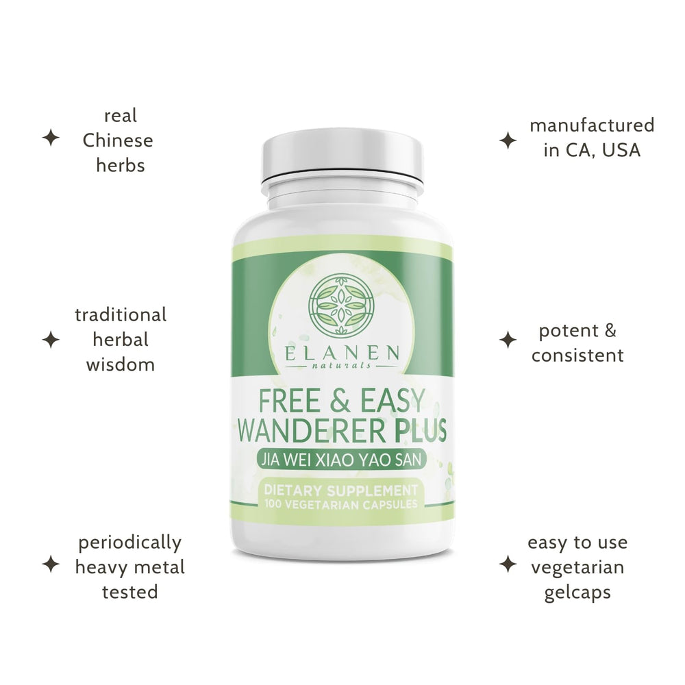 Elanen Naturals Jia Wei Xiao Yao San capsules being poured for convenient dosing.