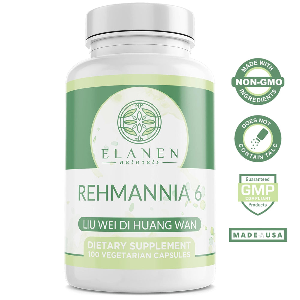 Elanen Naturals Liu Wei Di Huang Wan capsules close-up, 100% vegetable capsules.