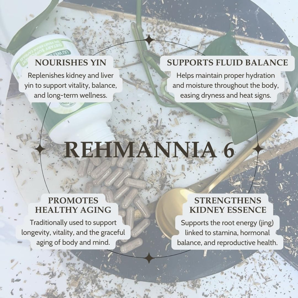 Elanen Naturals Rehmannia tea pills bottle on shelf for daily use.