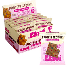 Elavi Birthday Cake Blondie bar in packaging, convenient protein snack.