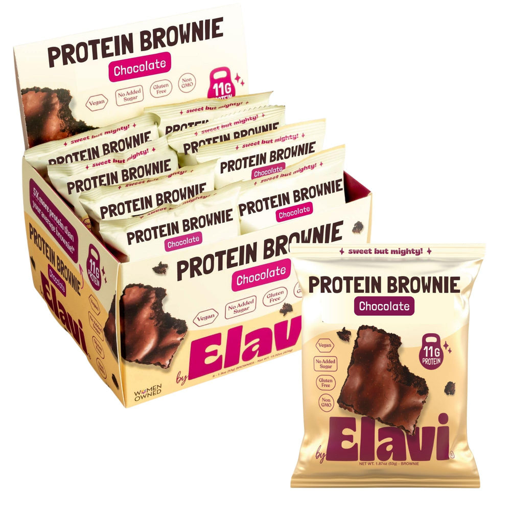 Elavi Protein Brownie pack shot shows rich chocolate fudge and protein boost.