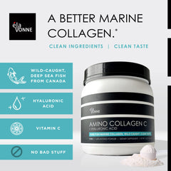 Scoop of Amino Collagen C beside the container for easy serving.