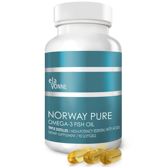 Elavonne Norway Pure Omega-3 softgels bottle highlighting EPA and DHA potency