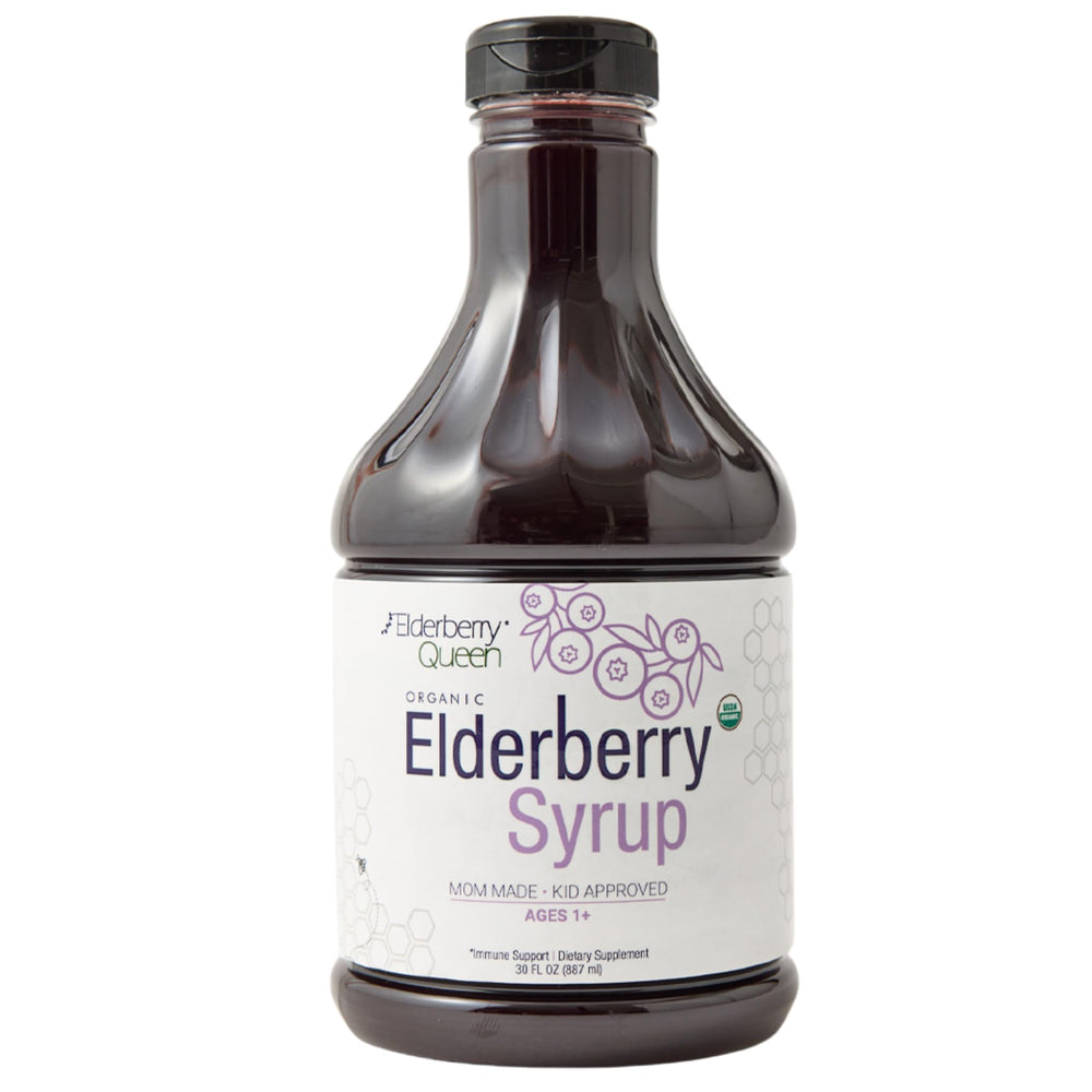Elderberry Queen Organic Elderberry Syrup bottle front showing organic ingredients for daily wellness.