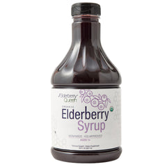 Elderberry Queen Organic Elderberry Syrup bottle front showing organic ingredients for daily wellness.