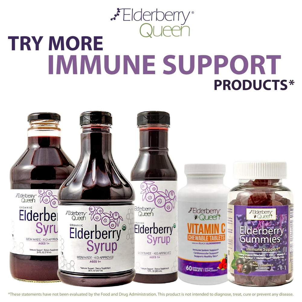 Elderberry Queen organic ingredients panel emphasizes natural components