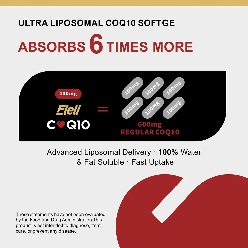 Eleli Ultra 6X liposomal CoQ10 close-up highlighting ubiquinol for heart support
