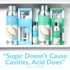Close-up of Elementa label highlights xylitol and nanosilver ingredients for fresh breath.