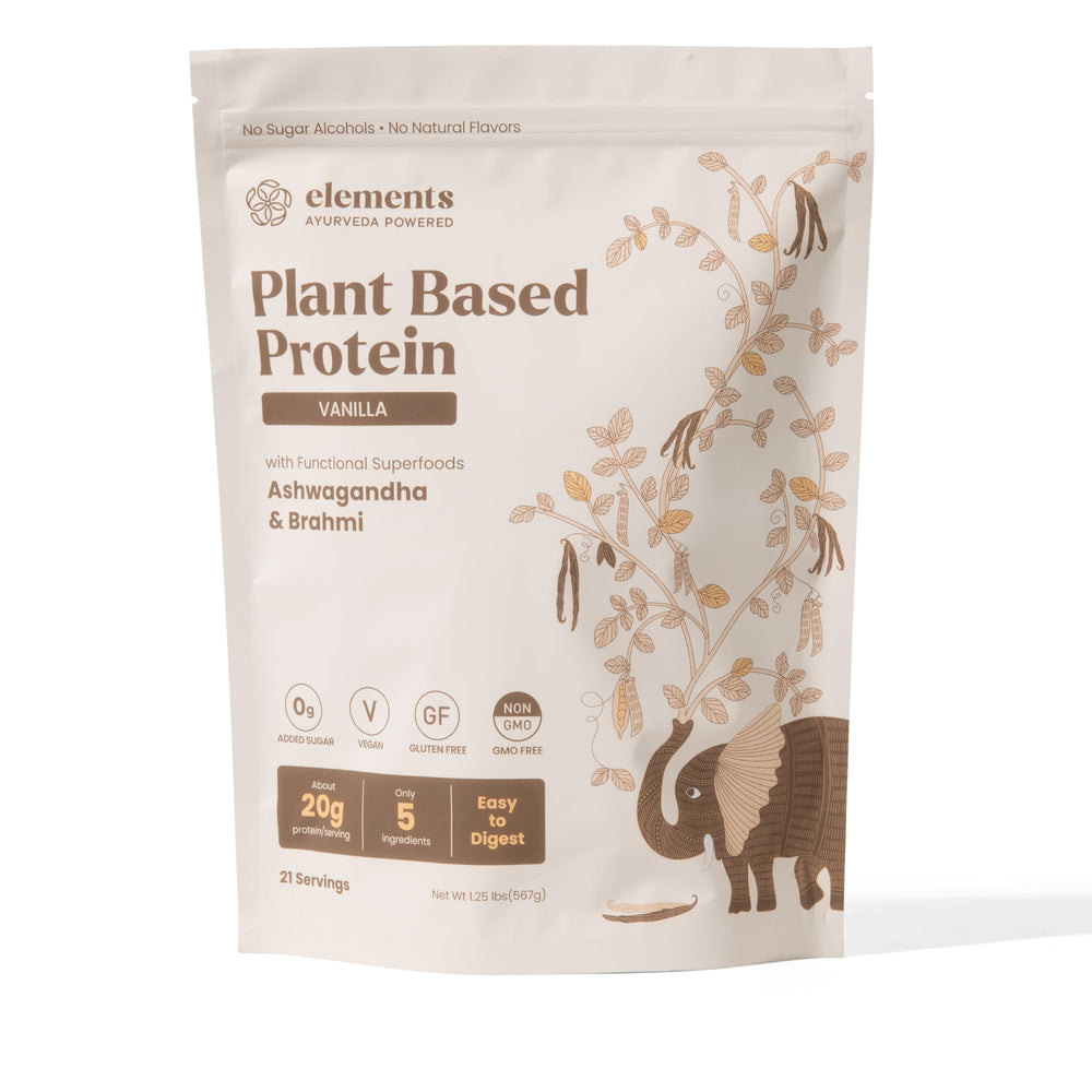 Elements Vanilla Plant Based Protein Powder bottle for daily vegan nutrition and clean fuel