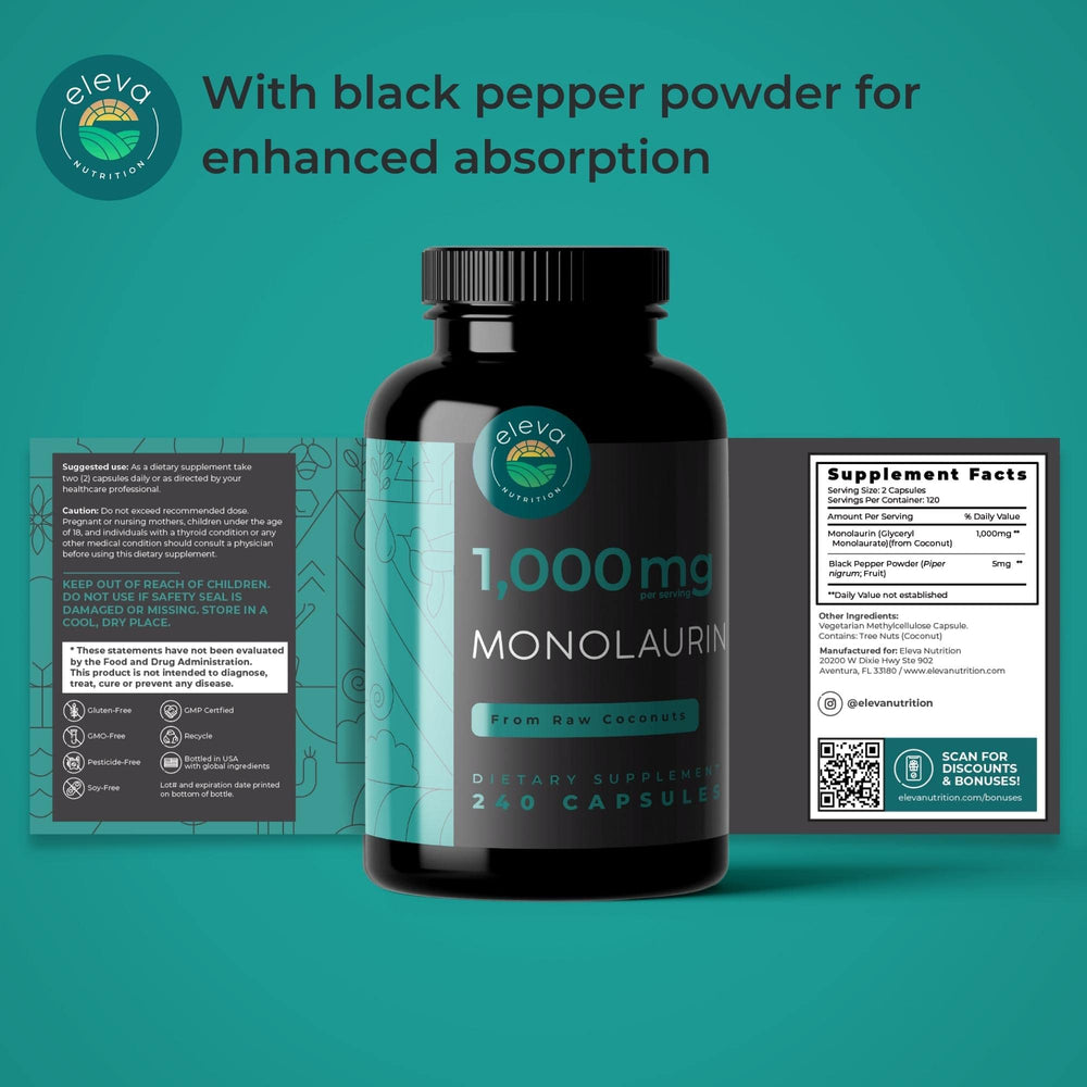 Bottle label highlights vegan non GMO formula for Eleva Monolaurin