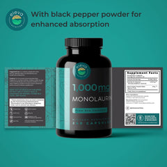 Bottle label highlights vegan non GMO formula for Eleva Monolaurin