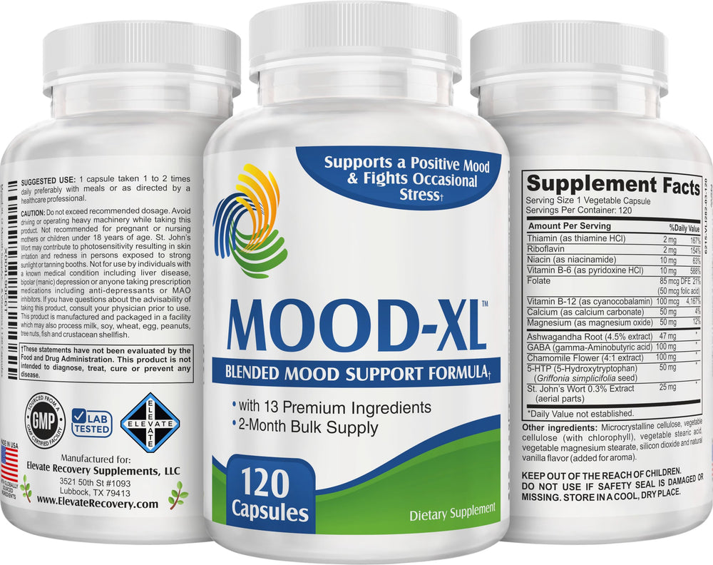 Elevate Mood-XL label detail showcases Ashwagandha and GABA benefits in a trusted formula