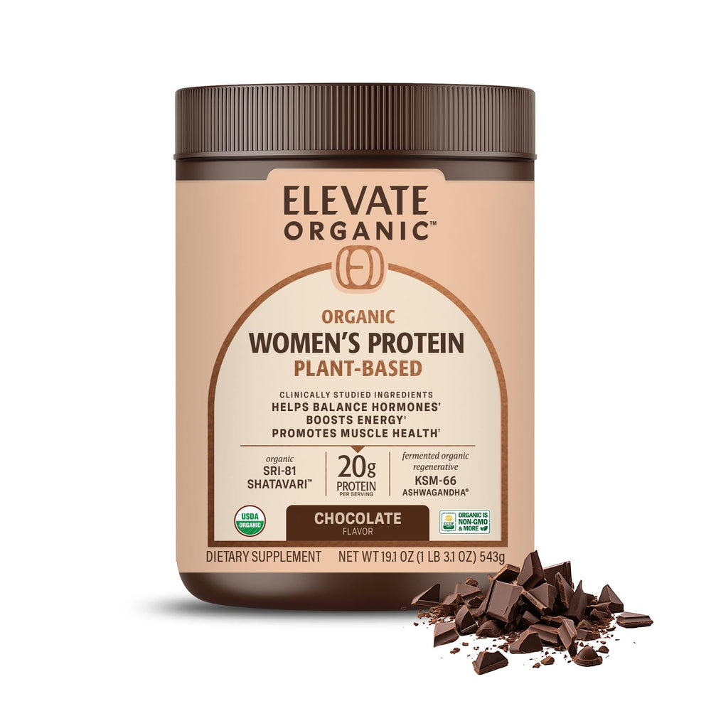 ELEVATE ORGANIC Women's Protein chocolate tub front, highlighting 20g serving size.