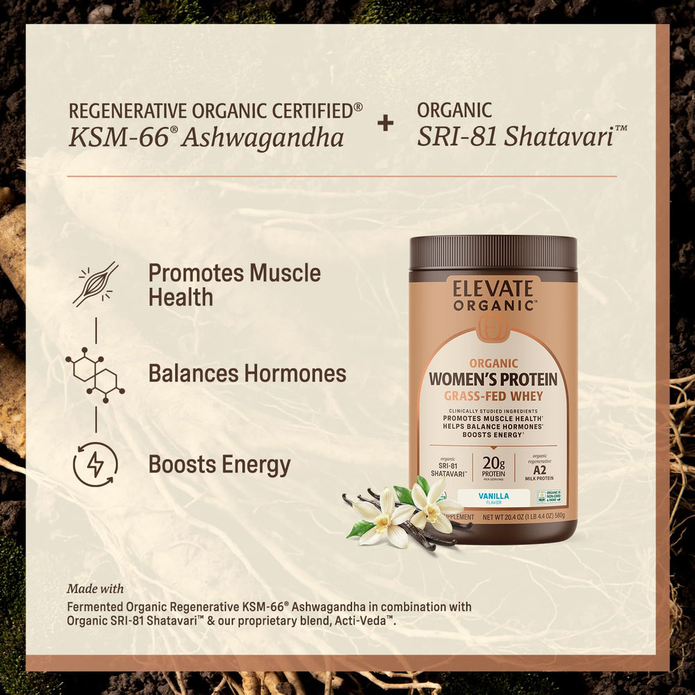 Elevate Organic Women’s Whey Protein Powder scoop shows a precise 20 g serving.