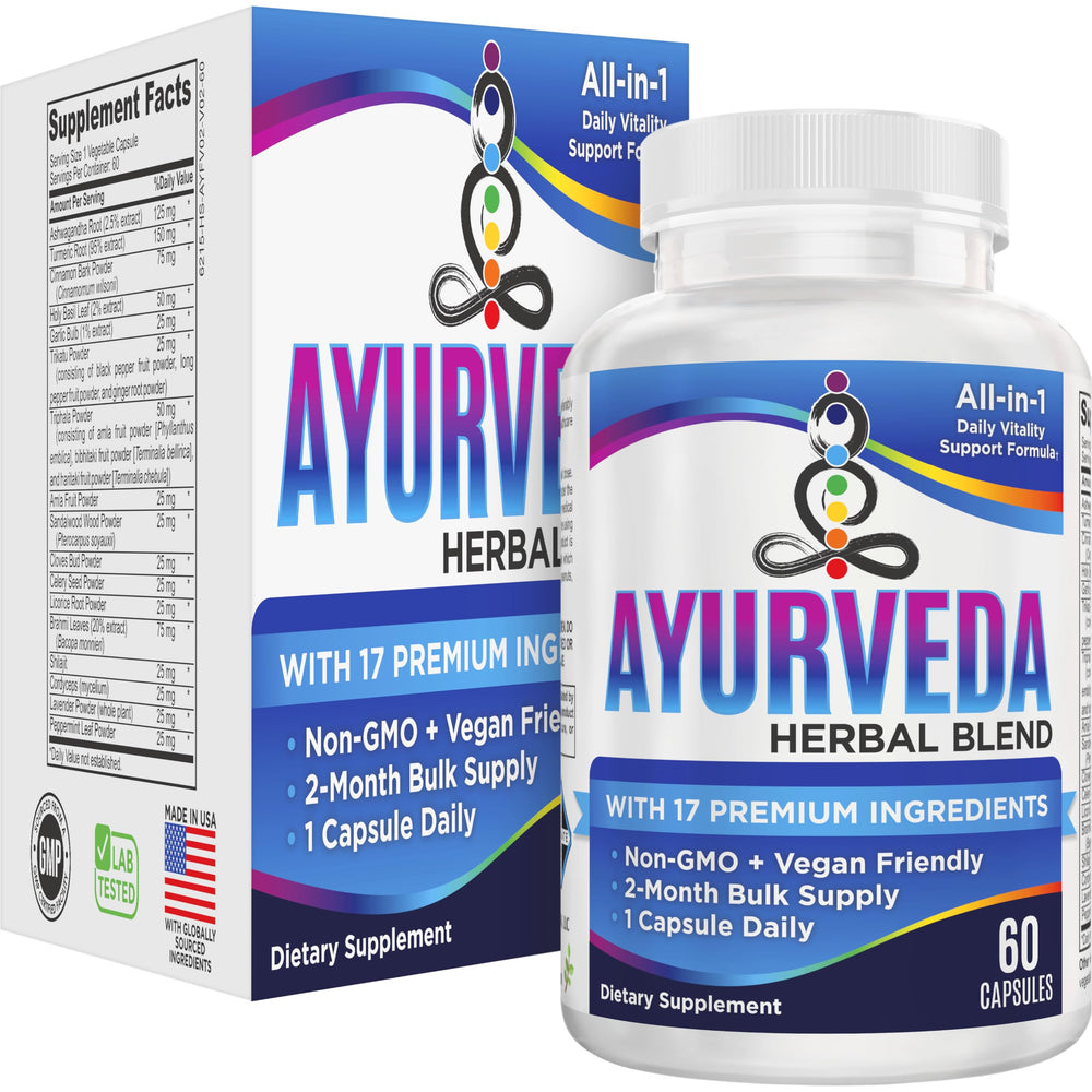 Elevate Recovery Ayurveda 17-in-1 bottle front showcases a comprehensive daily wellness blend for balance.