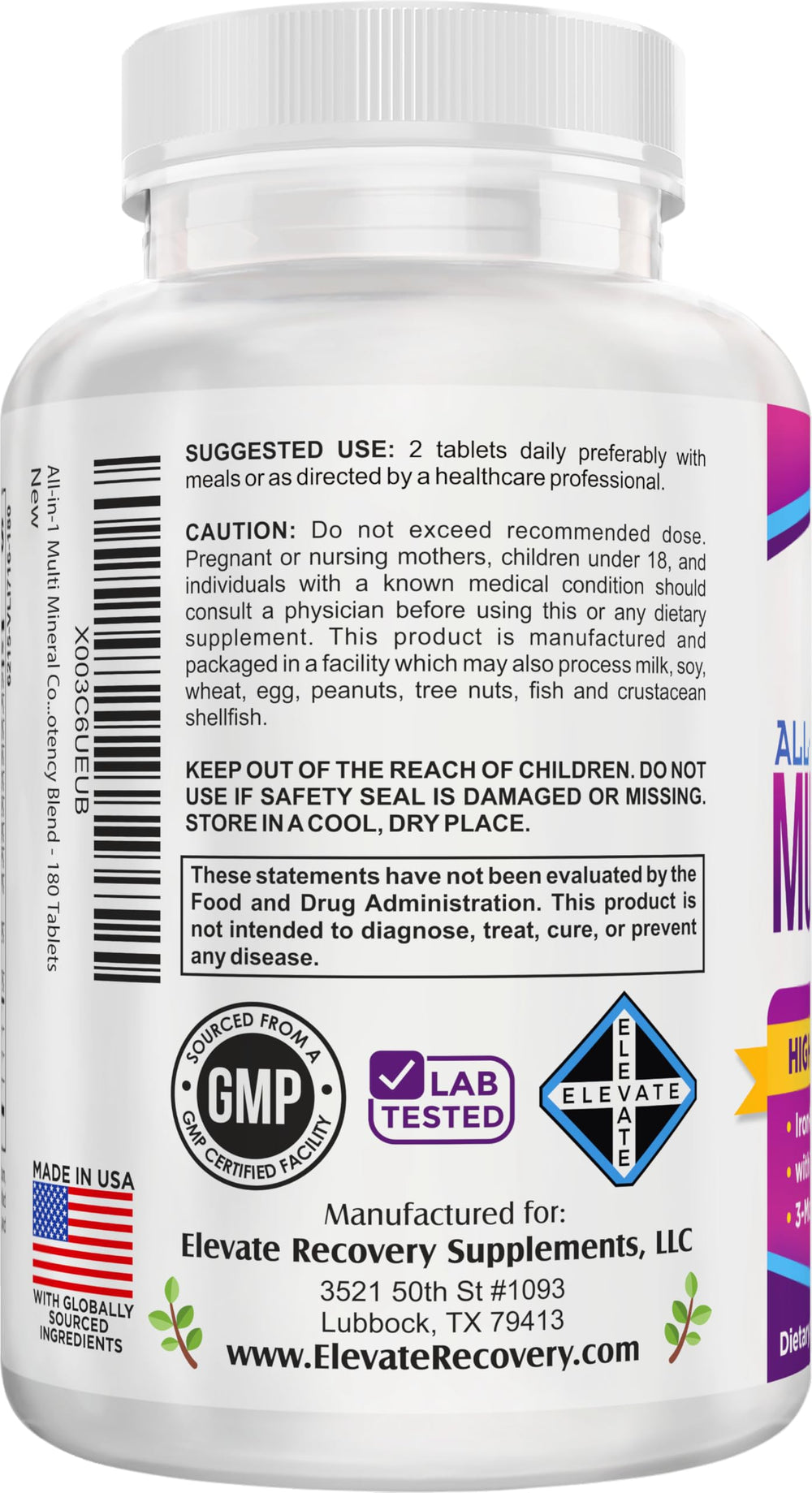 Elevate Recovery iron-free formula label for safe mineral support.
