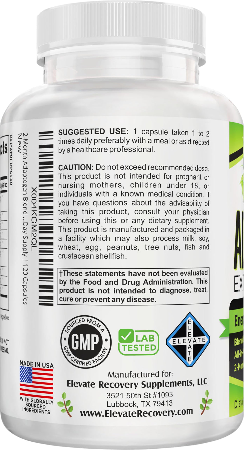 Elevate Recovery panax ginseng bottle label illustrating robust botanicals