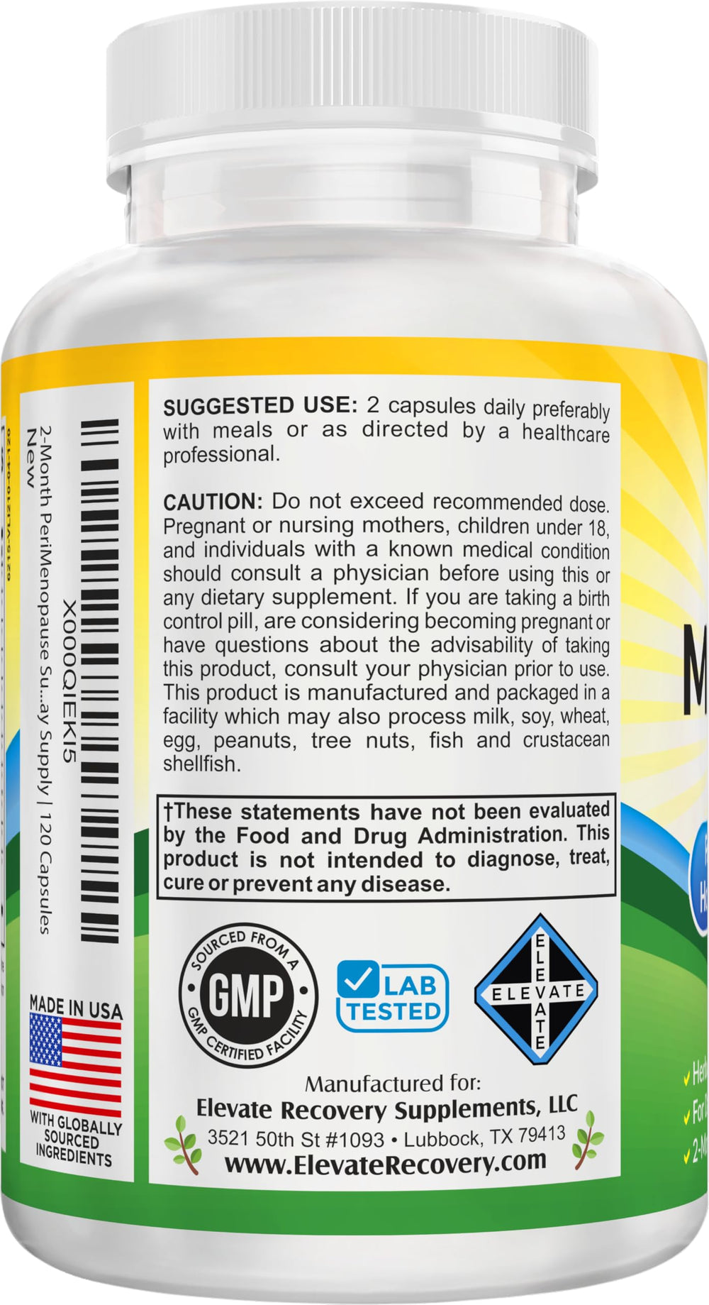 Elevate Recovery Perimenopause packaging inset showing 120 capsules for two-month supply.