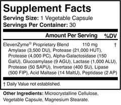 ElevenZyme capsules arranged in a row highlighting 30 capsules per bottle for daily use.