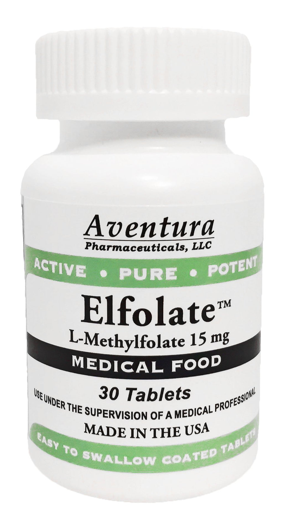 ELFOLATE bottle front label showing purity and potency for daily use.