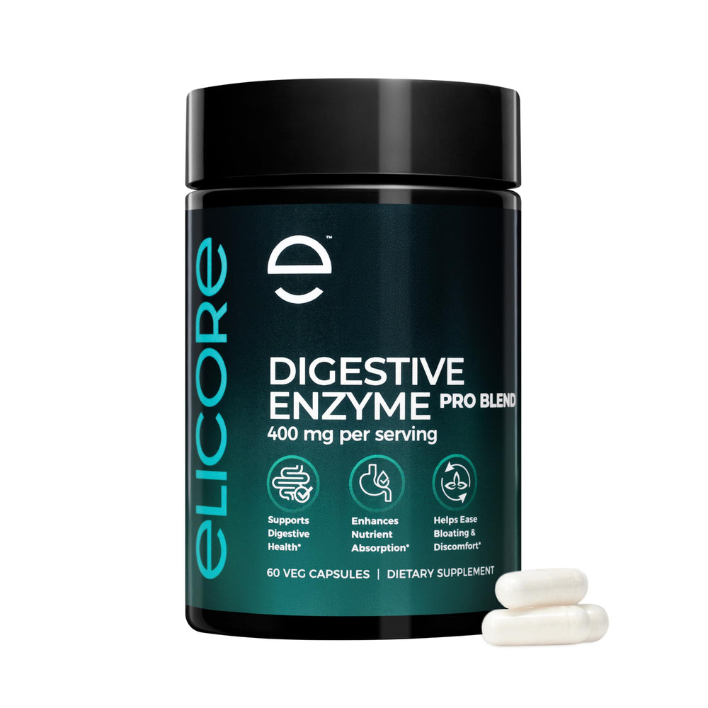 ELICORE Digestive Enzyme Pro Blend bottle being poured to support meal digestion.