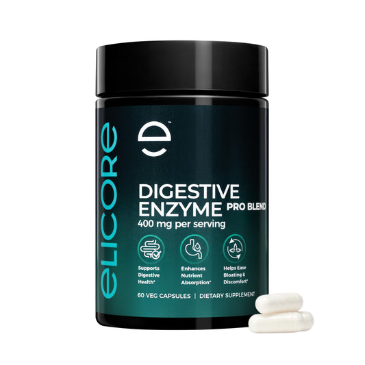 ELICORE Digestive Enzyme Pro Blend bottle being poured to support meal digestion.
