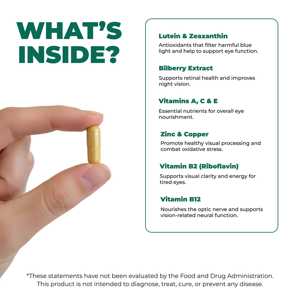 ELICORE Eye Vitamins bottle on desk suggests a simple daily routine.