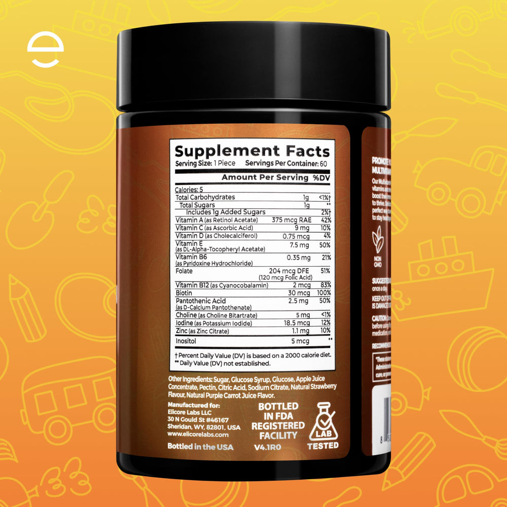 ELICORE family using multivitamin gummies on kitchen counter for daily wellness