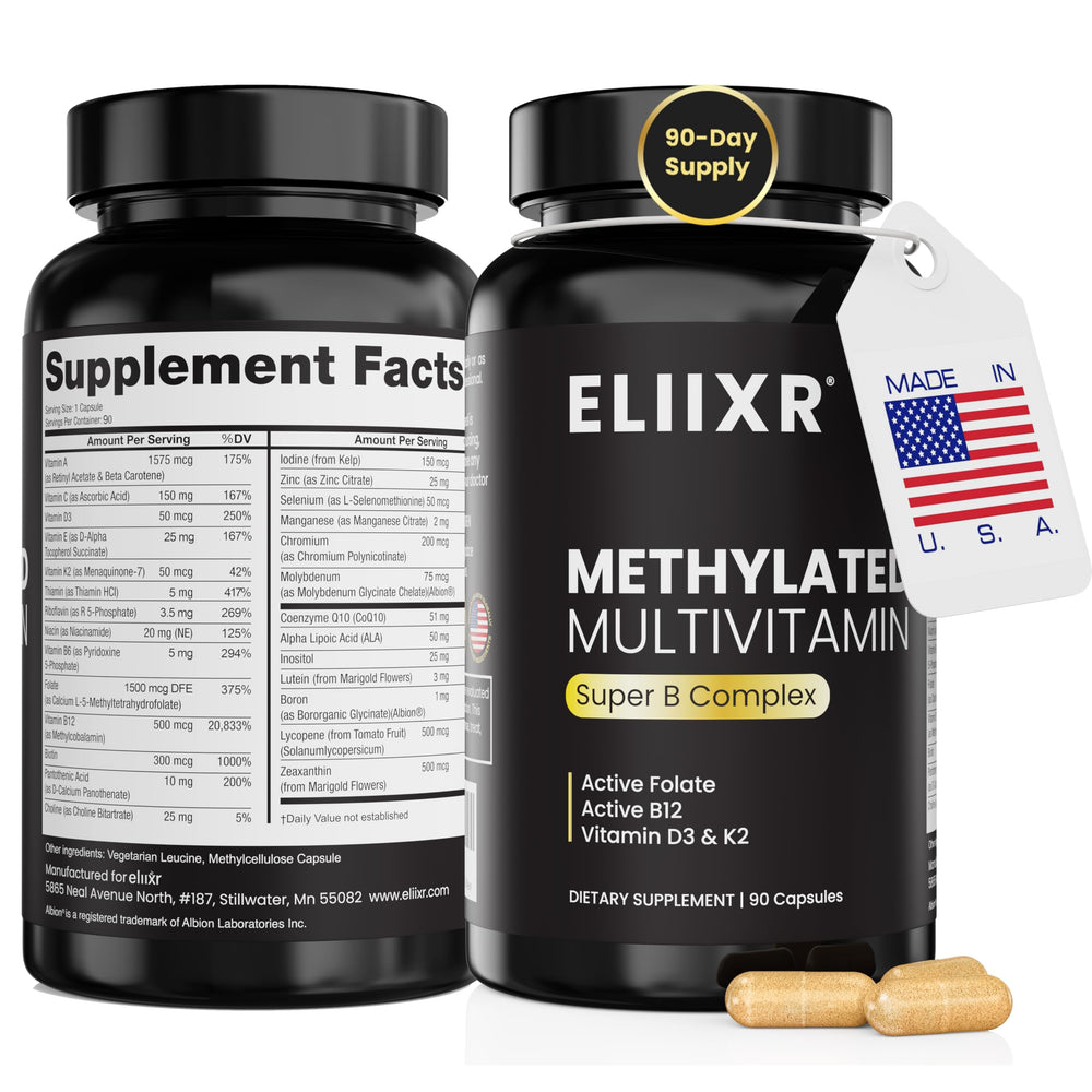 Eliixr methylated multivitamin bottle front for daily nutrient support.
