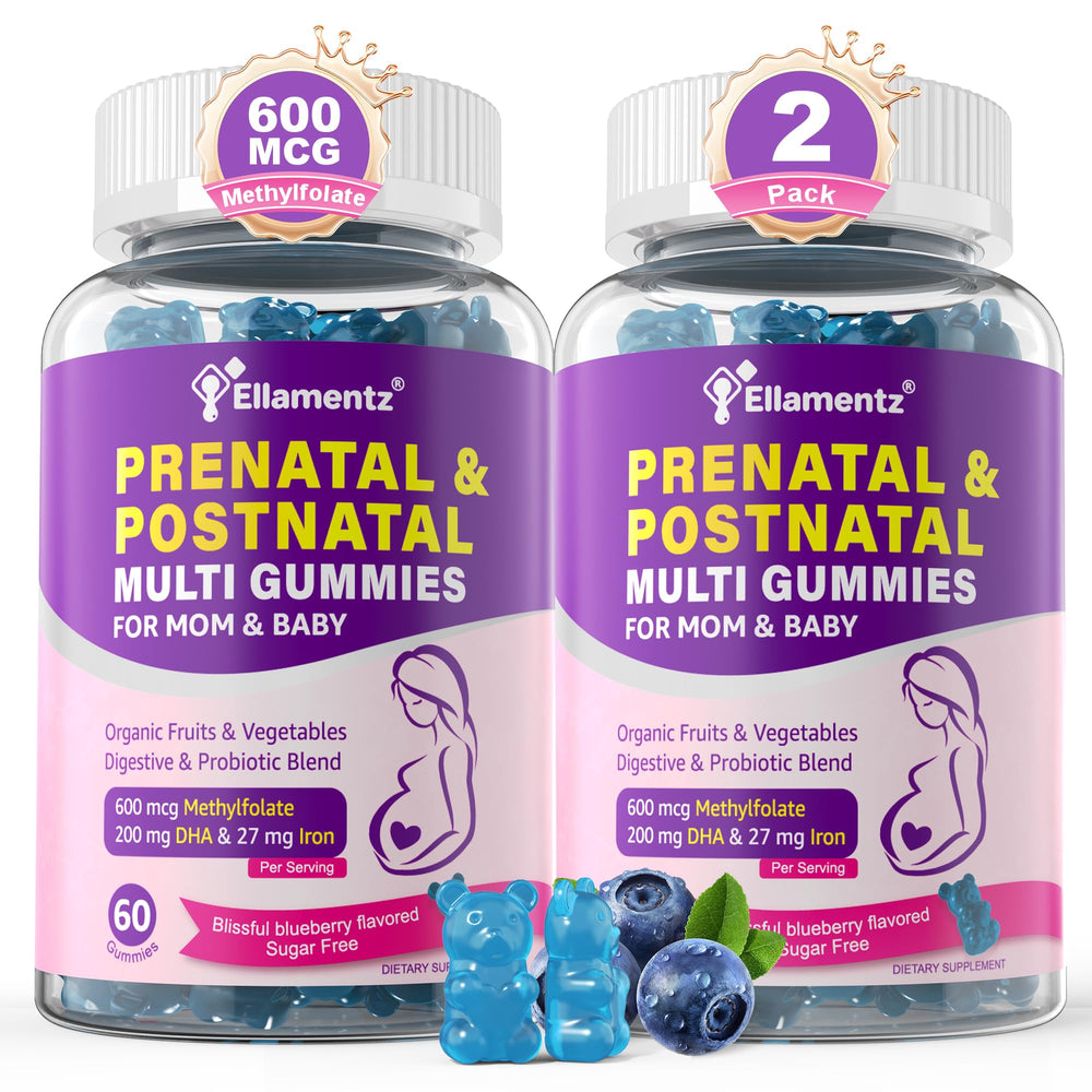 ELLAMENTZ Prenatal Gummies bottle offers convenient daily nutrition for mom and baby.