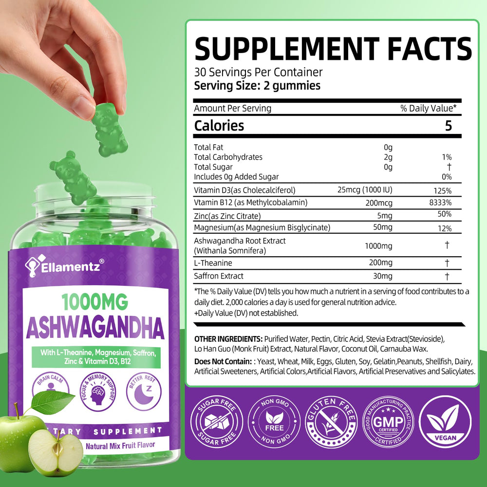 ELLAMENTZ Ashwagandha gummies texture close-up shows chewy consistency for daily stress support.