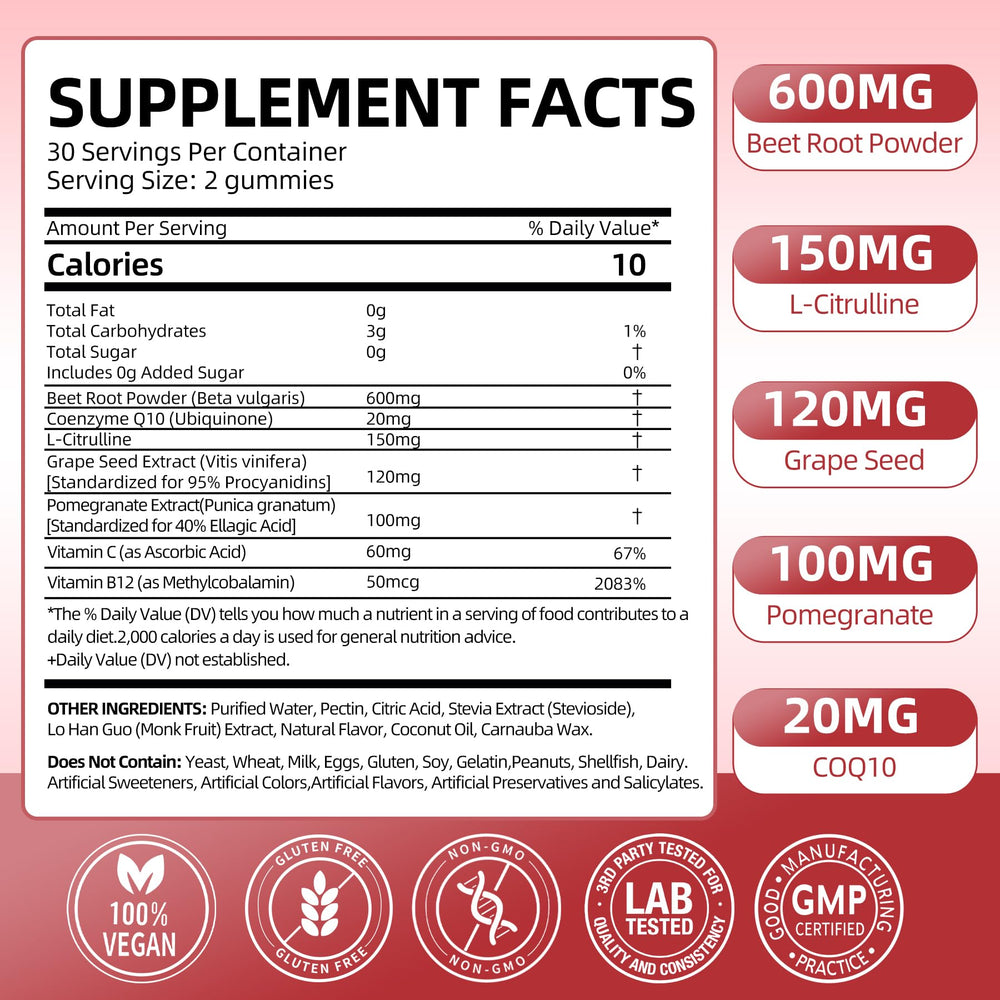 ELLAMENTZ Beet Root Gummies bottle back highlights ingredients and benefits.
