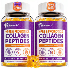 ELLAMENTZ Collagen Gummies bottle on countertop showing sugar-free wellness for hair and skin