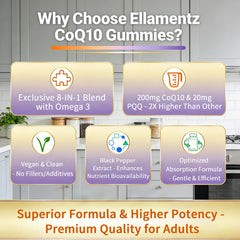 ELLAMENTZ CoQ10 Gummies label view with vegan and sugar-free cues.