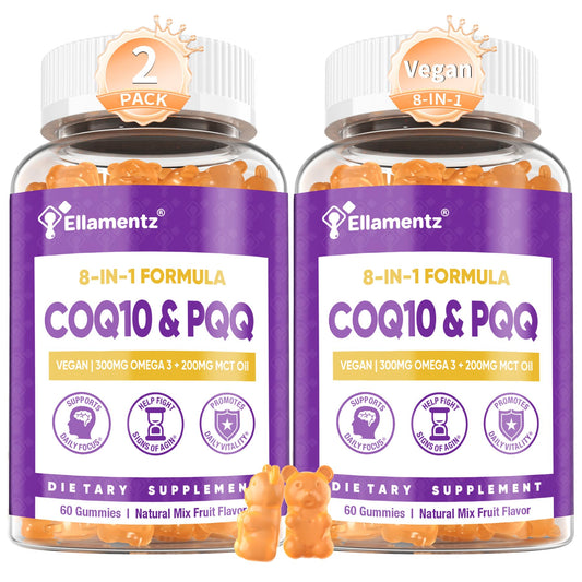 ELLAMENTZ CoQ10 Gummies packshot highlighting high-potency energy support.