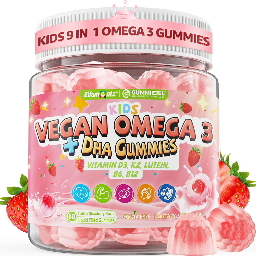 ELLAMENTZ Kids Omega 3 Gummies strawberry center—delicious DHA for growing minds.