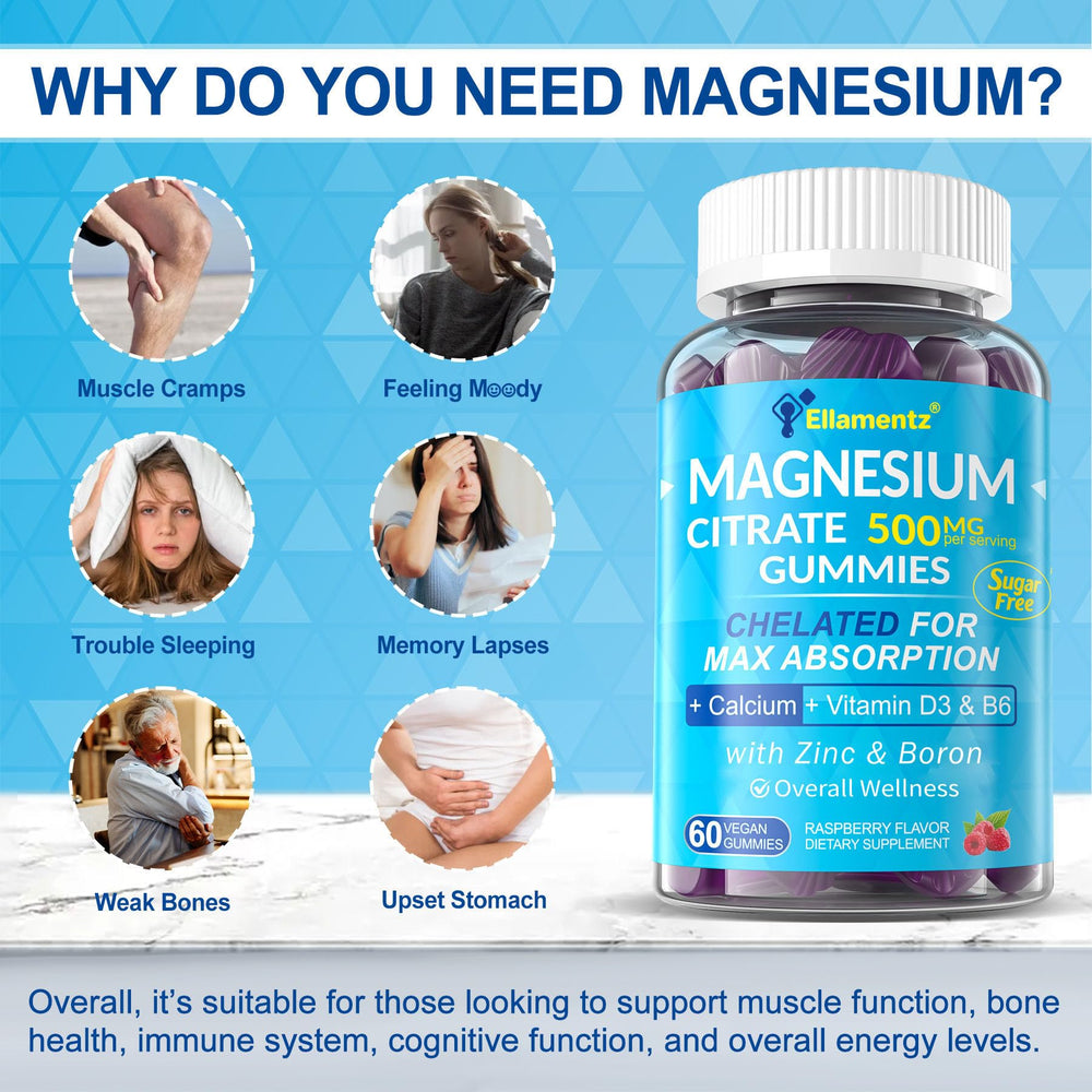 ELLAMENTZ magnesium citrate gummies close-up with raspberry flavor