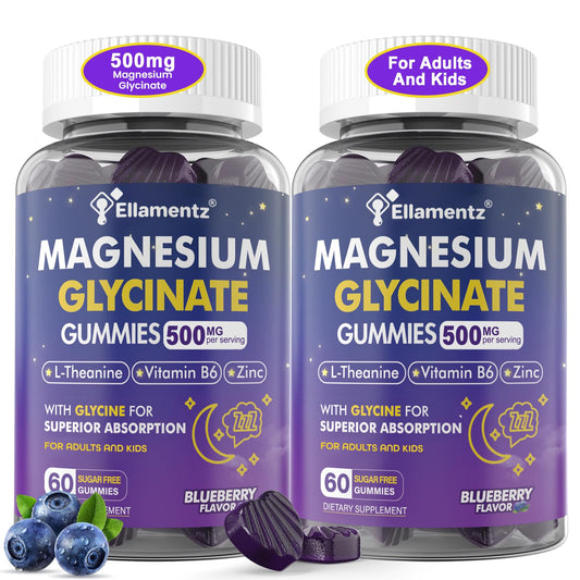 Ellamentz Magnesium Glycinate Gummies bottle with blueberries, supporting calm and natural sleep.
