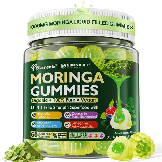 Ellamentz Moringa Gummies bottle for daily energy and immune support