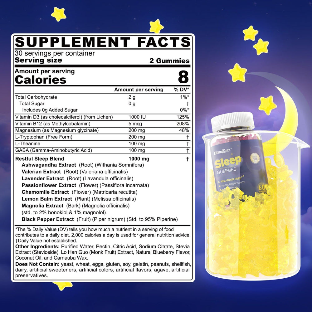 ELLAMENTZ Sleep Gummies closeup gummies, melatonin-free relaxation aid.