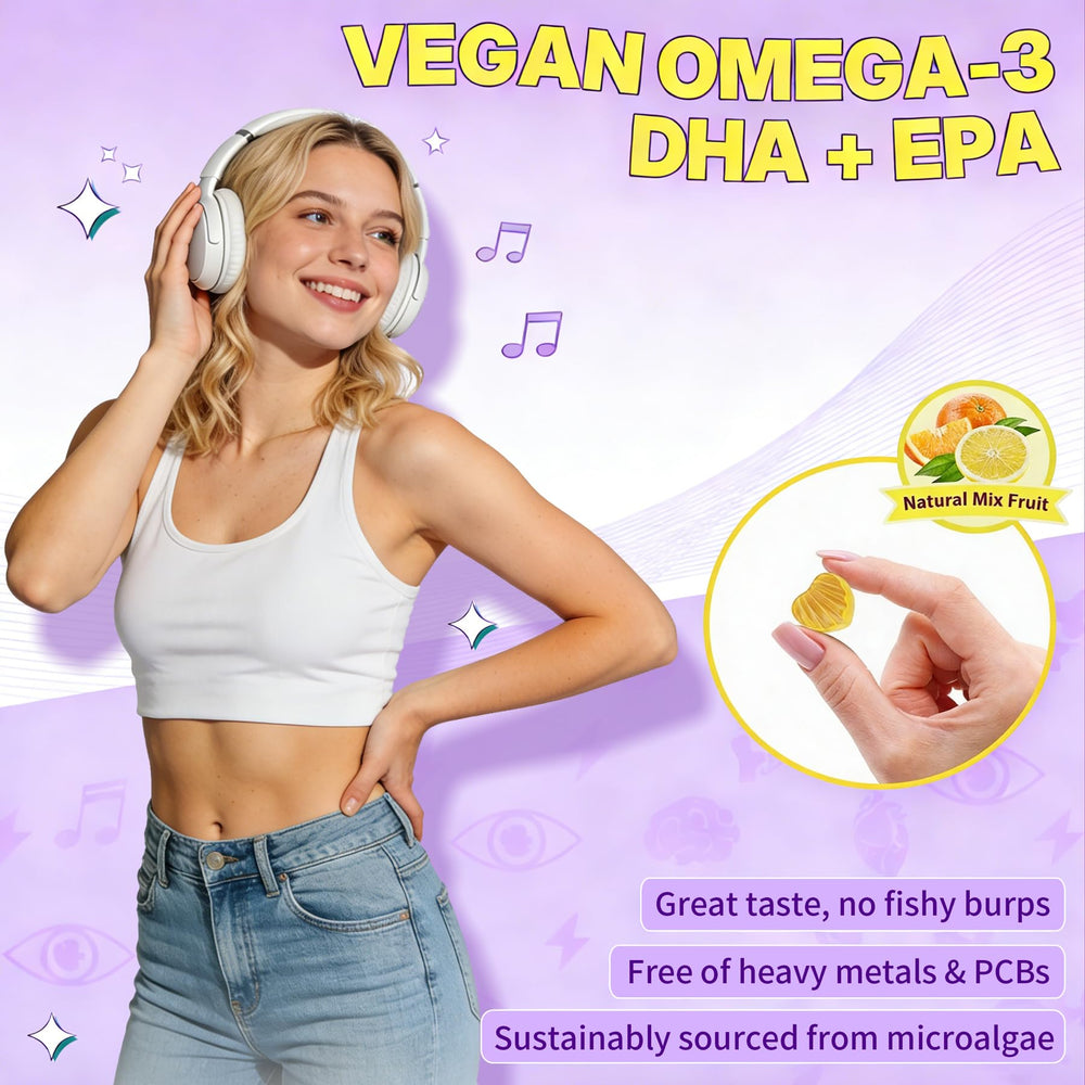 ELLAMENTZ Vegan Omega-3 Gummies packaging emphasizes sugar-free, allergen-free formula.
